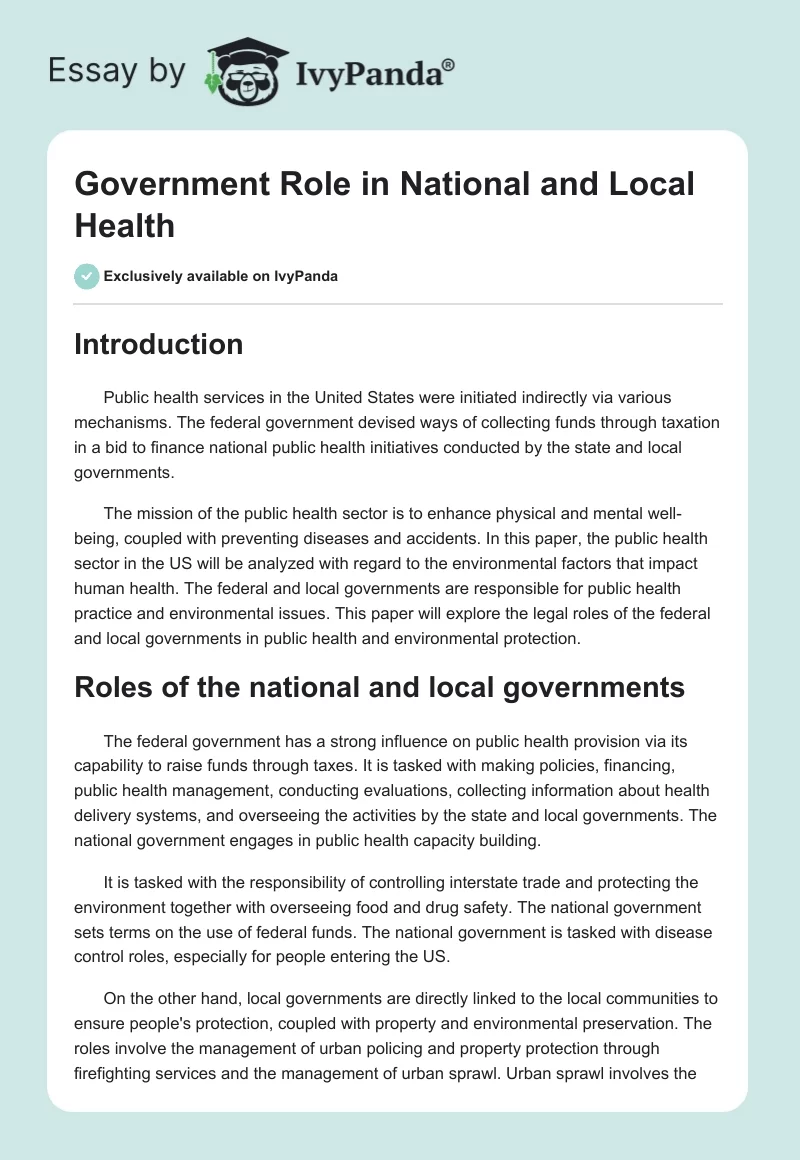 Government Role in National and Local Health. Page 1