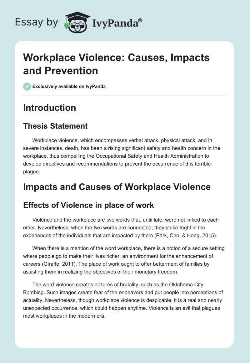 Workplace Violence: Causes, Impacts and Prevention. Page 1