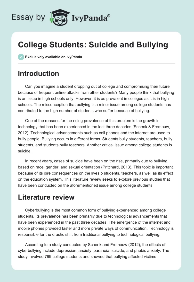 College Students: Suicide and Bullying. Page 1