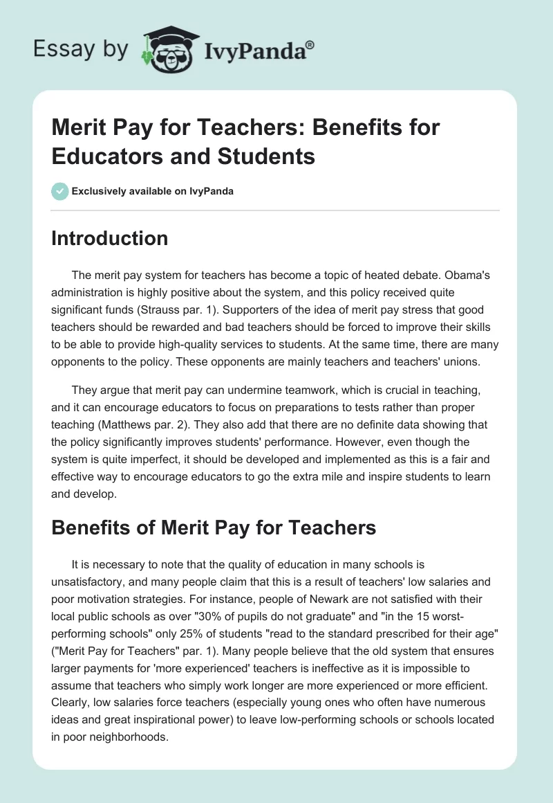 Merit Pay for Teachers: Benefits for Educators and Students. Page 1