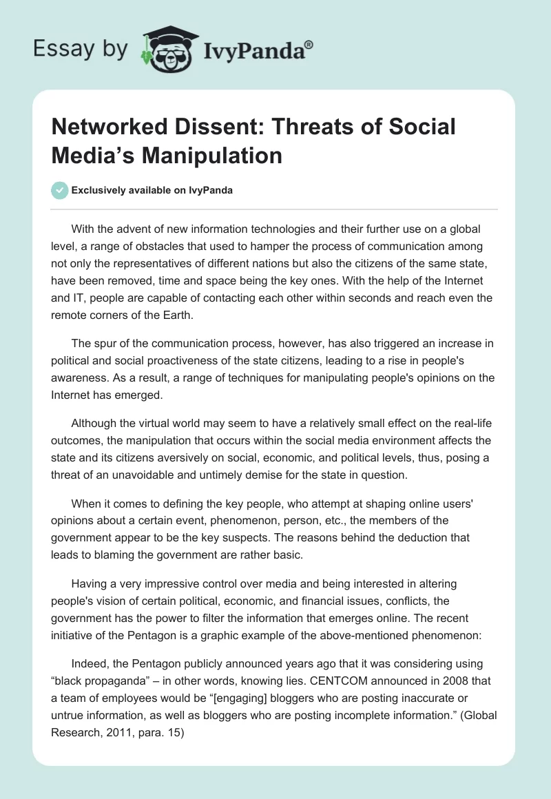 Networked Dissent: Threats of Social Media’s Manipulation. Page 1