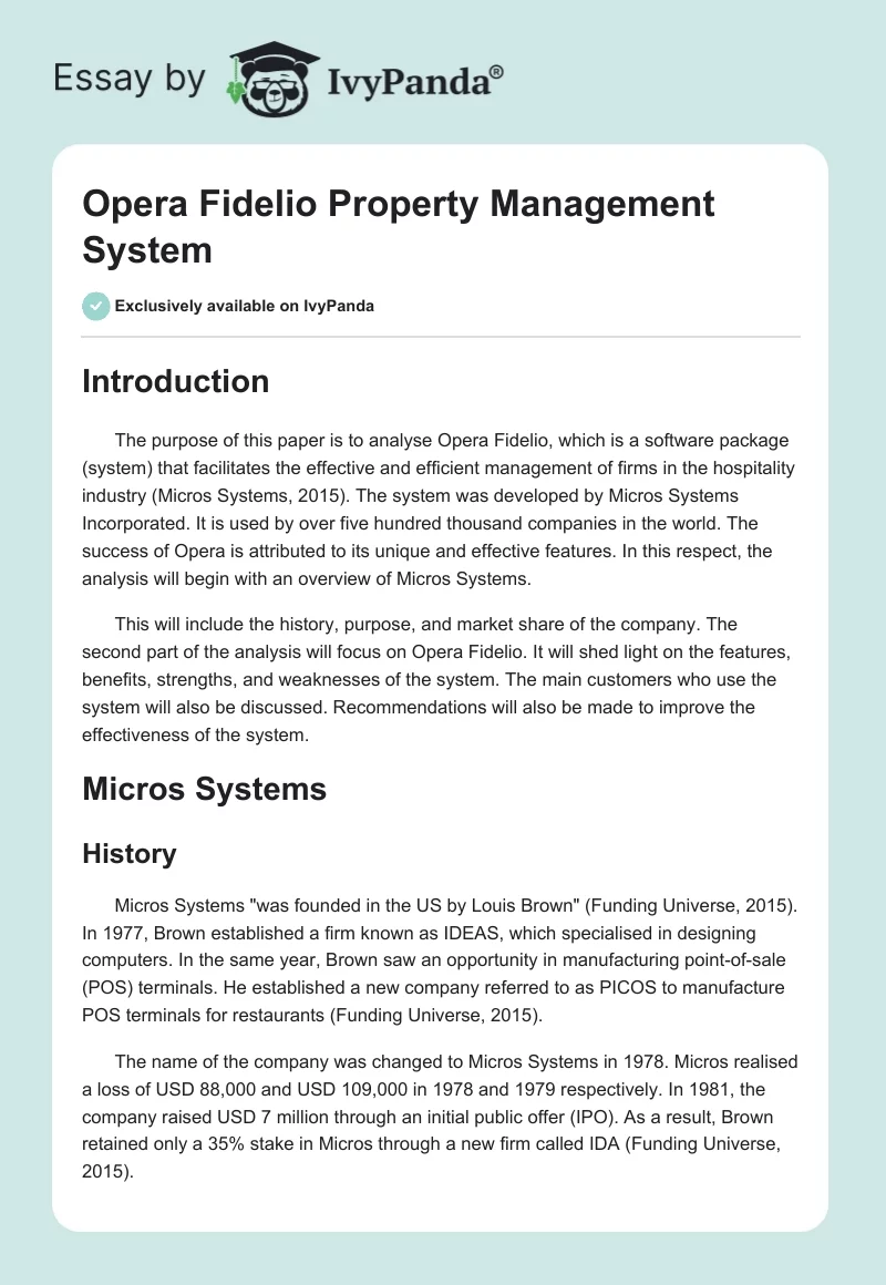 Opera Fidelio Property Management System. Page 1