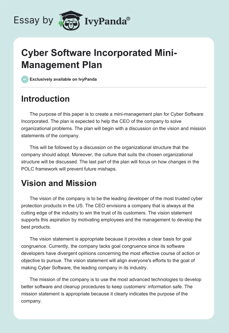 Cyber Software Incorporated Mini-Management Plan. Page 1