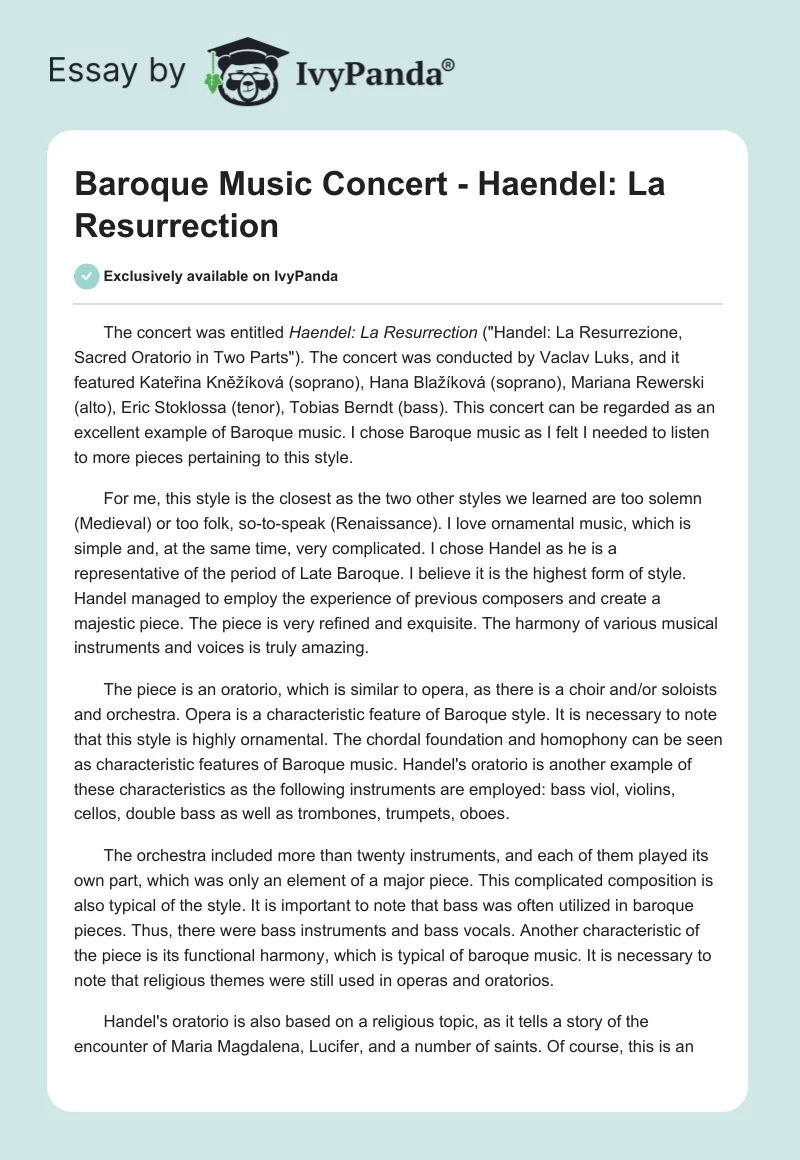 Baroque Music Concert - Haendel: La Resurrection. Page 1
