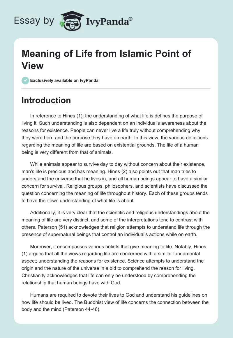 Meaning of Life from Islamic Point of View. Page 1