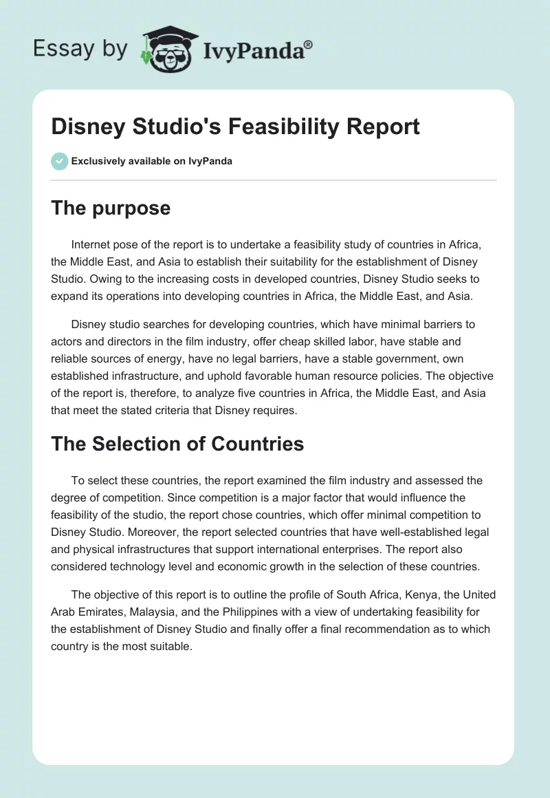 Disney Studio's Feasibility Report. Page 1