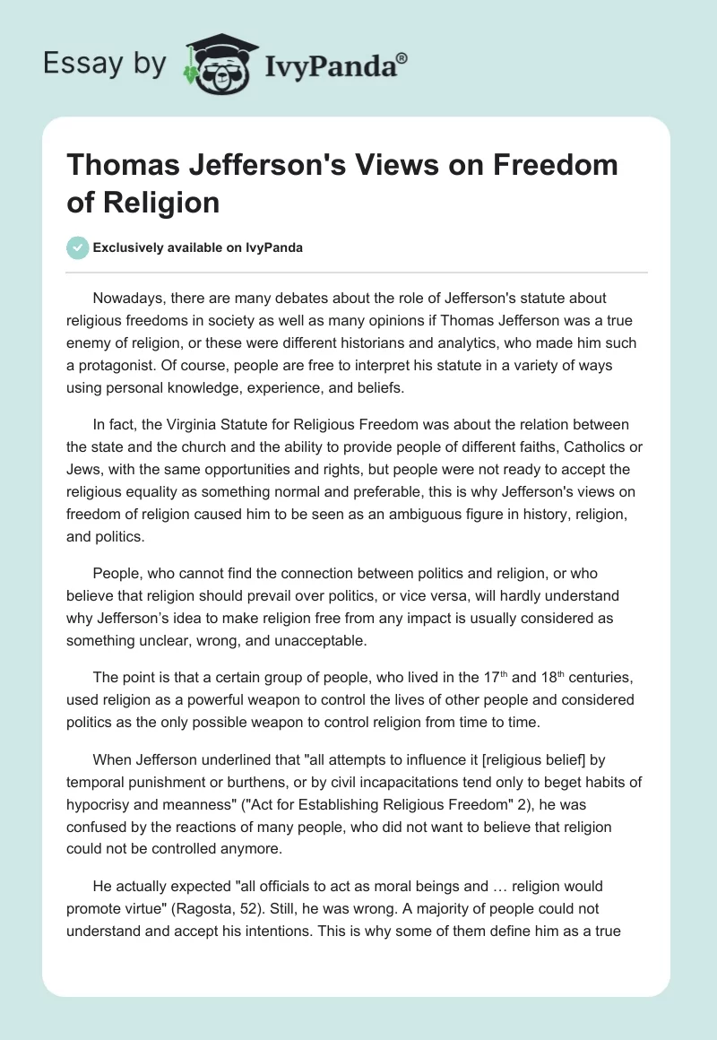 Thomas Jefferson's Views on Freedom of Religion. Page 1