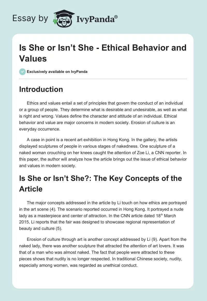 "Is She or Isn’t She" - Ethical Behavior and Values. Page 1