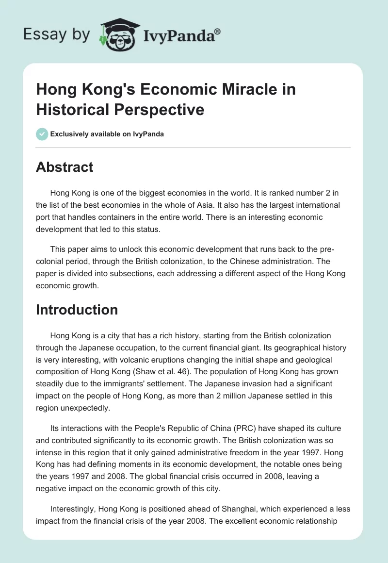 Hong Kong's Economic Miracle in Historical Perspective. Page 1