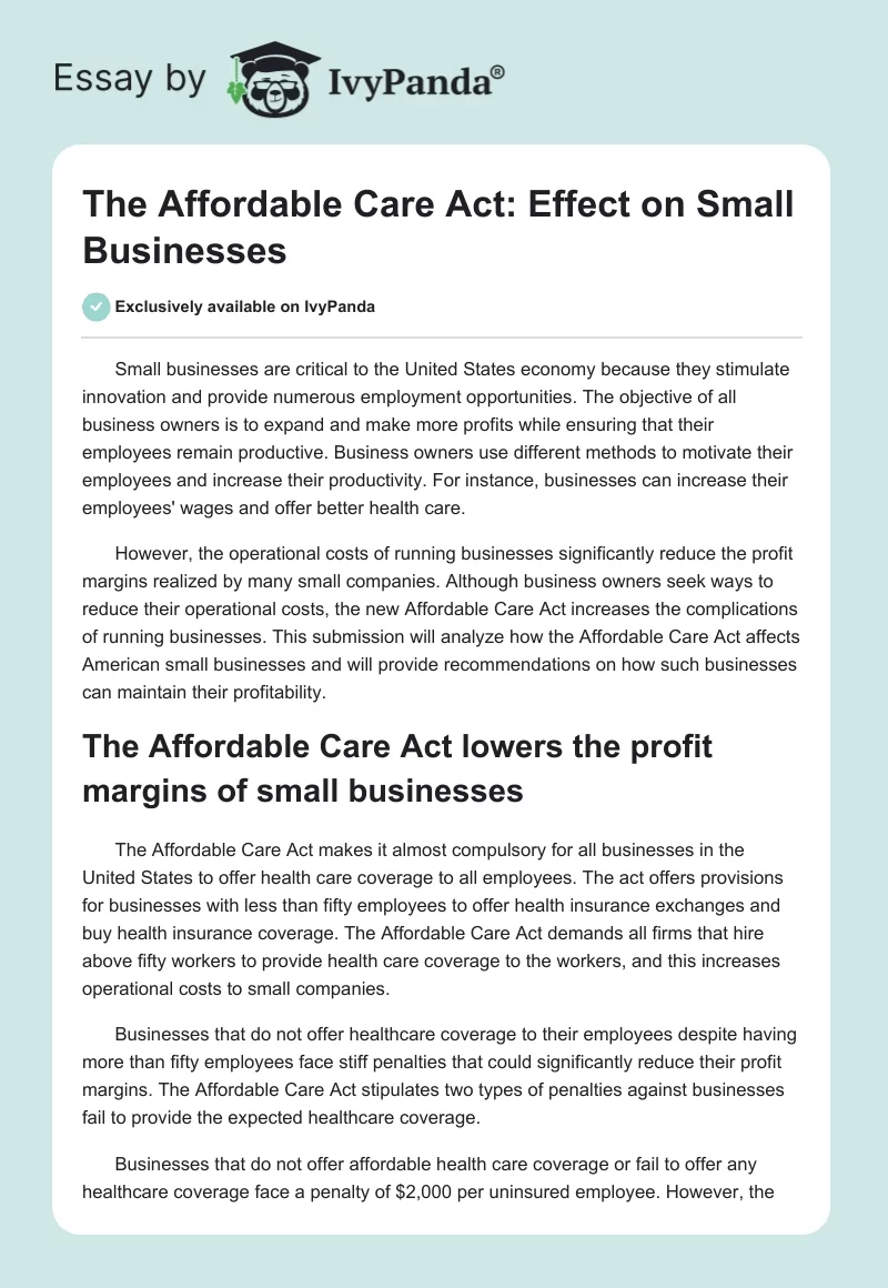 The Affordable Care Act: Effect on Small Businesses. Page 1