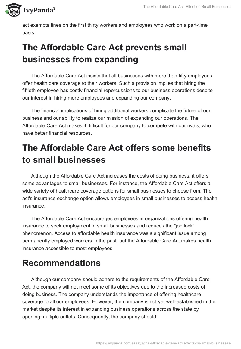 The Affordable Care Act: Effect on Small Businesses. Page 2