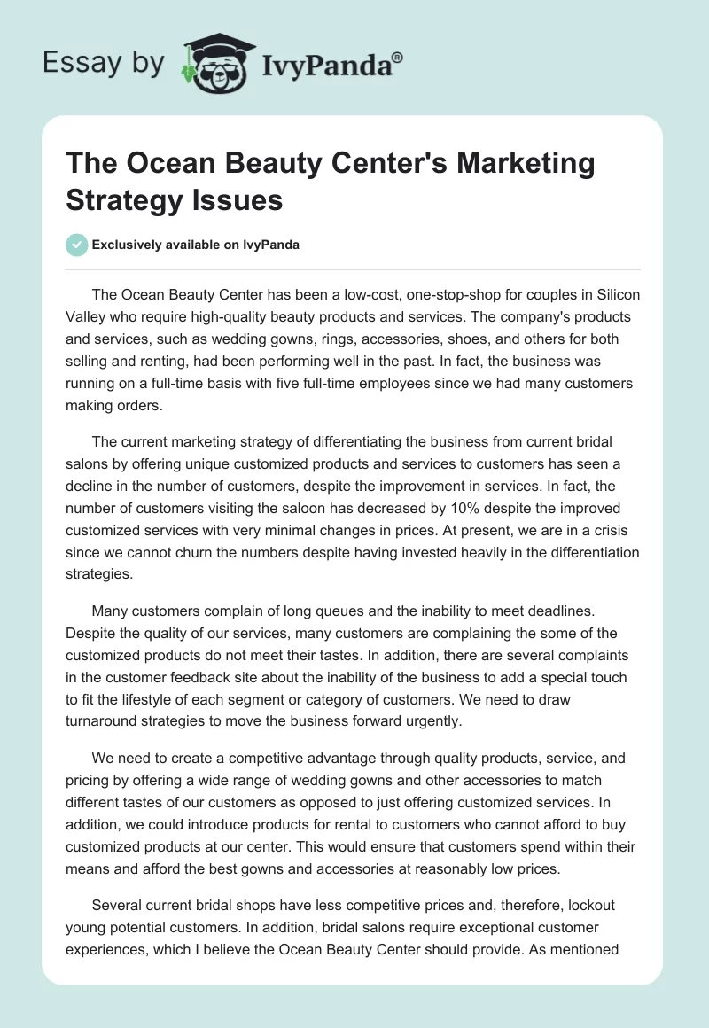 The Ocean Beauty Center's Marketing Strategy Issues. Page 1