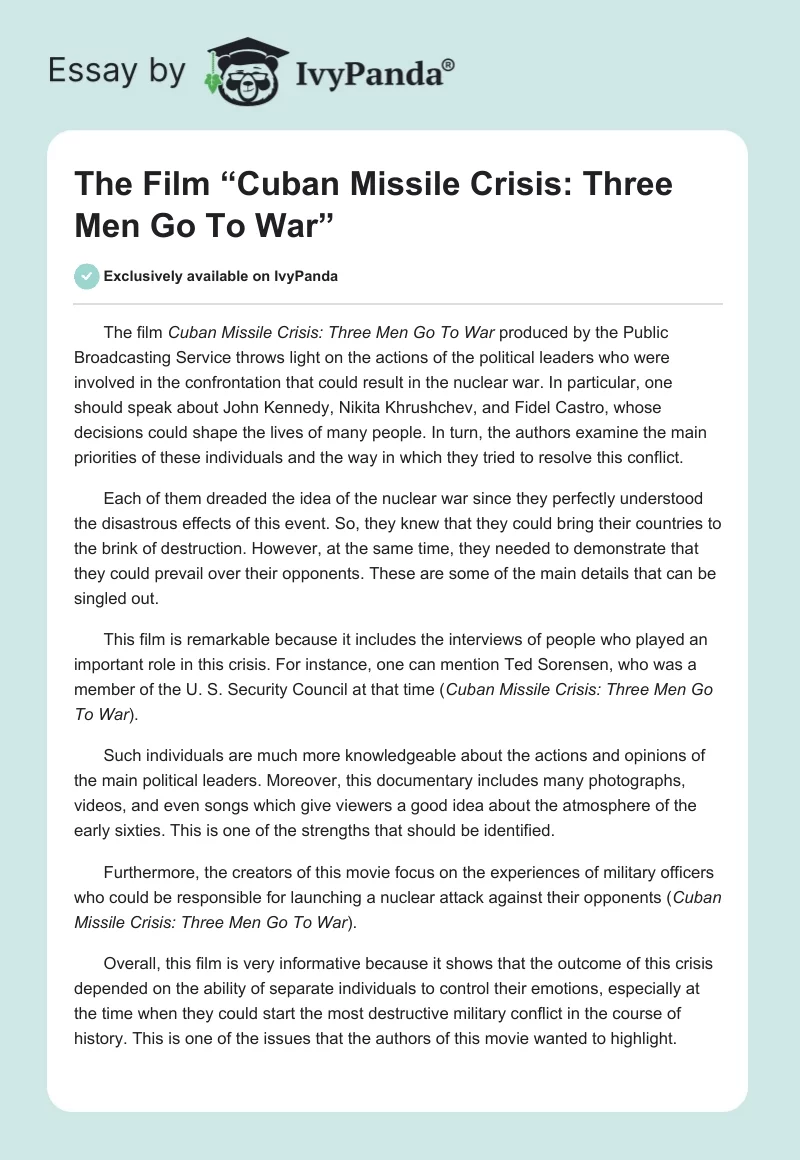 The Film “Cuban Missile Crisis: Three Men Go To War”. Page 1