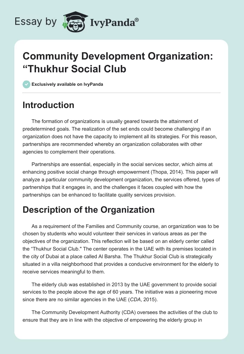 Community Development Organization: “Thukhur Social Club". Page 1