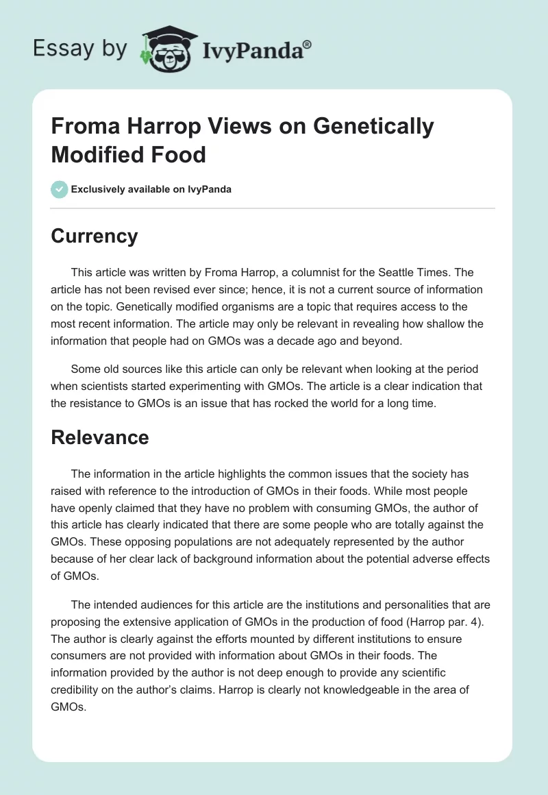Froma Harrop Views on Genetically Modified Food. Page 1