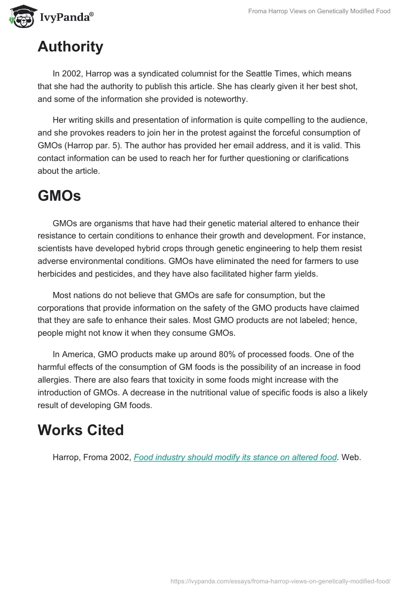 Froma Harrop Views on Genetically Modified Food. Page 2