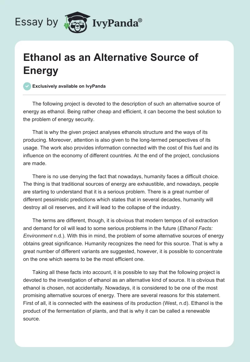 Ethanol as an Alternative Source of Energy. Page 1
