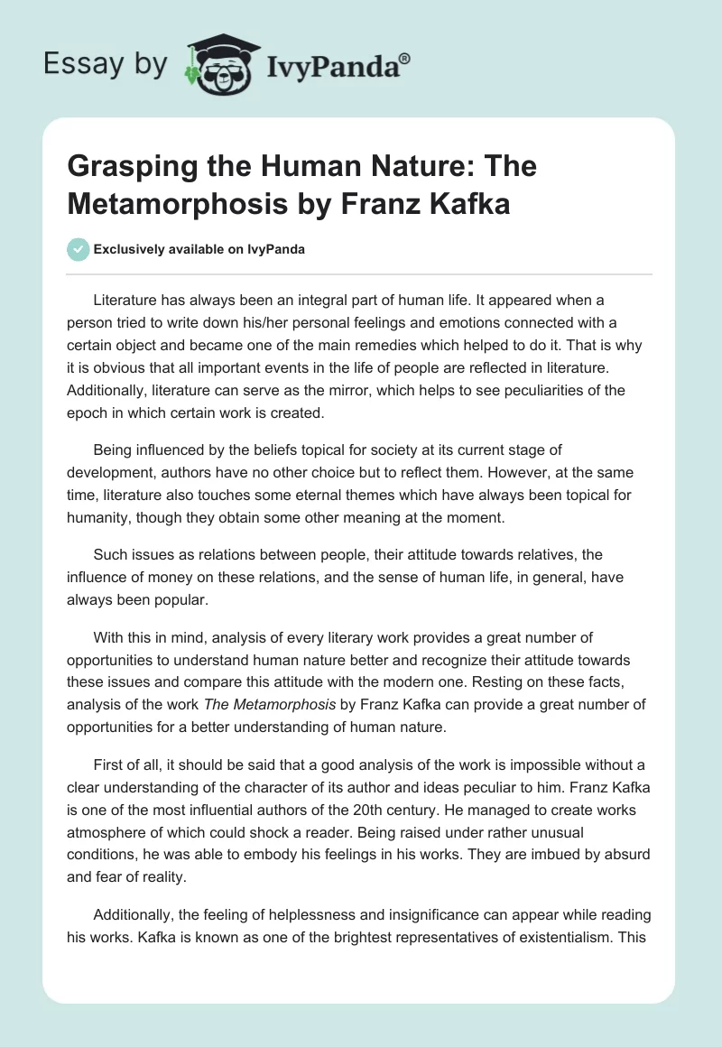 Grasping the Human Nature: "The Metamorphosis" by Franz Kafka. Page 1