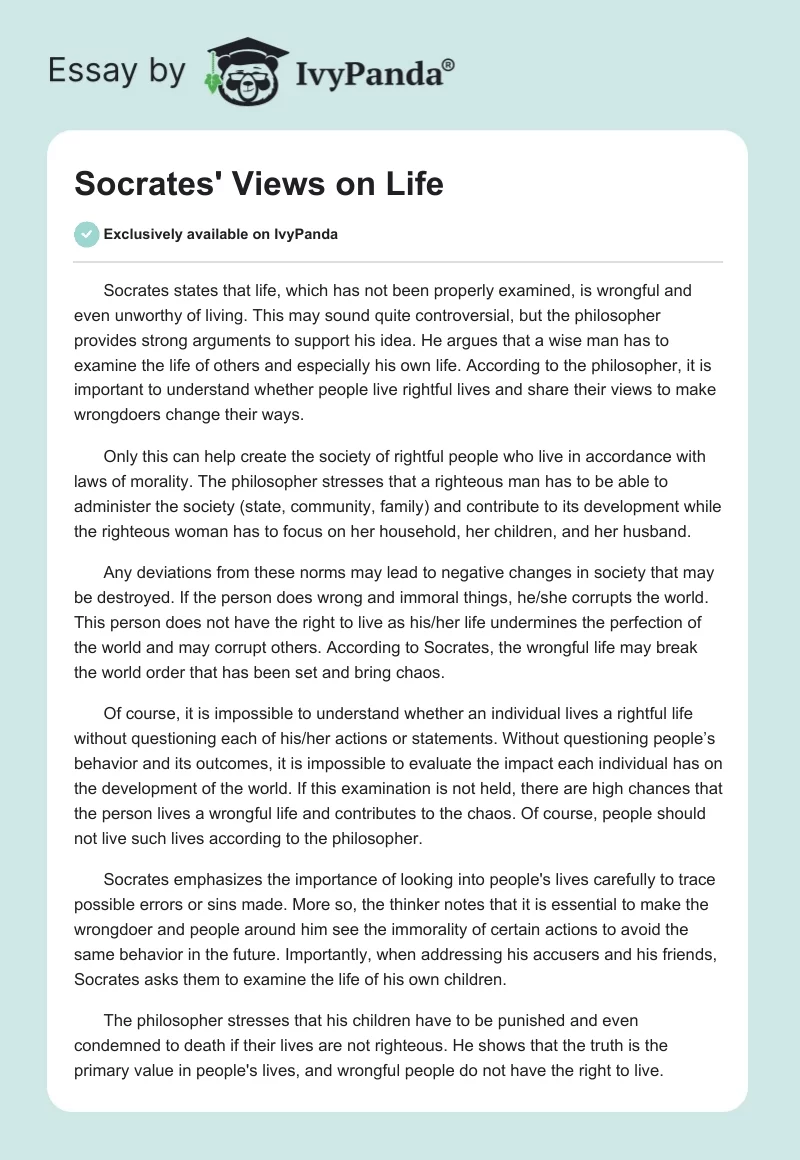 Socrates' Views on Life. Page 1
