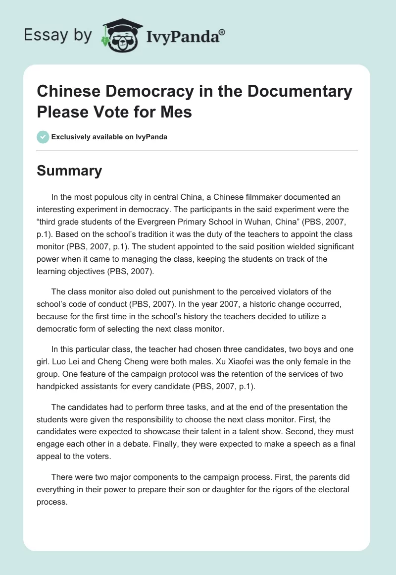 Chinese Democracy in the Documentary "Please Vote for Mes". Page 1