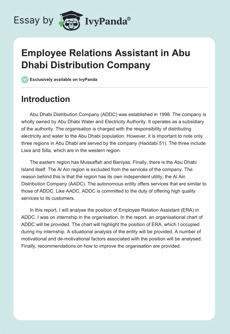Employee Relations Assistant in Abu Dhabi Distribution Company. Page 1