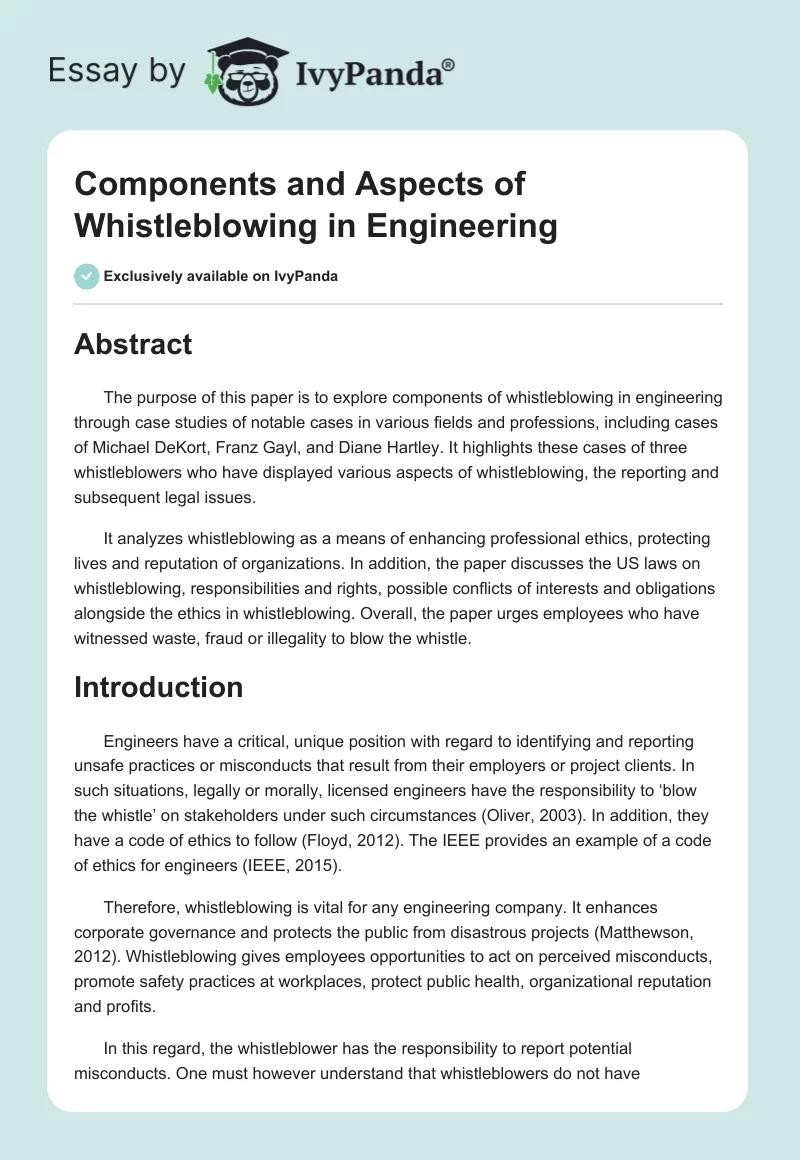 Components and Aspects of Whistleblowing in Engineering. Page 1