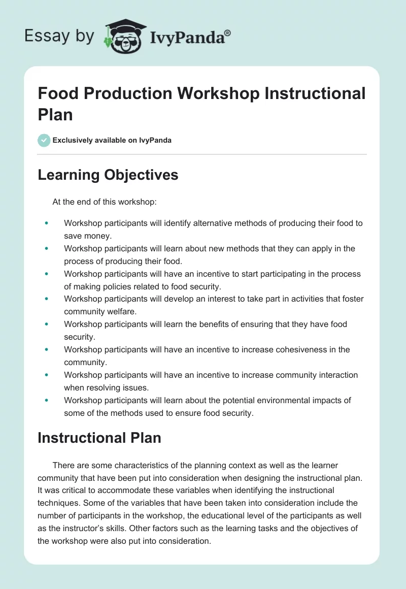 Food Production Workshop Instructional Plan. Page 1