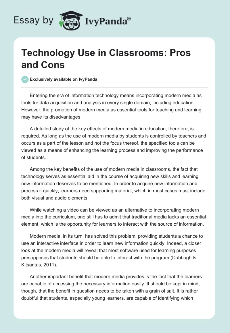 Technology Use in Classrooms: Pros and Cons. Page 1