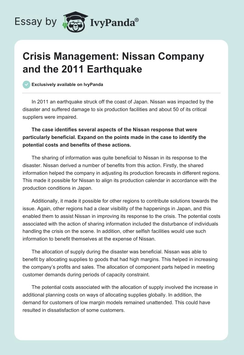 Crisis Management: Nissan Company and the 2011 Earthquake. Page 1