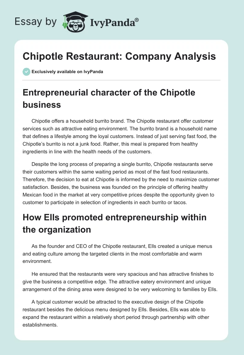 Chipotle Restaurant: Company Analysis. Page 1