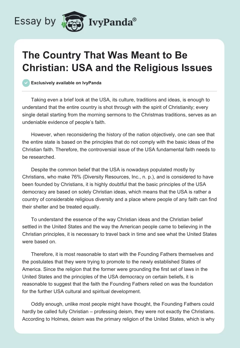 The Country That Was Meant to Be Christian: USA and the Religious Issues. Page 1