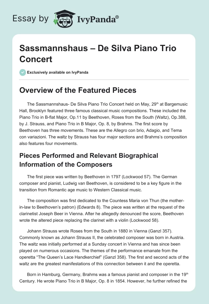 Sassmannshaus – De Silva Piano Trio Concert. Page 1