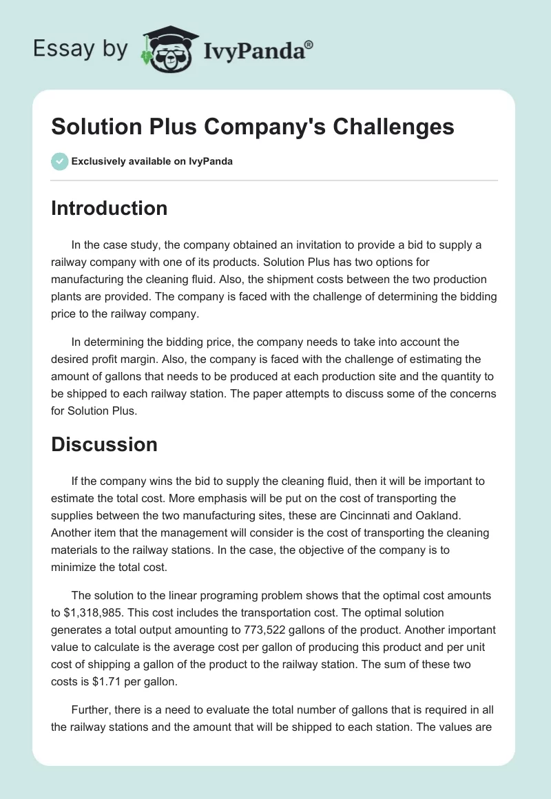 Solution Plus Company's Challenges. Page 1