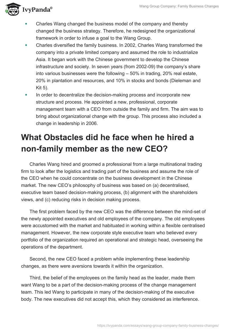Wang Group Company: Family Business Changes. Page 2
