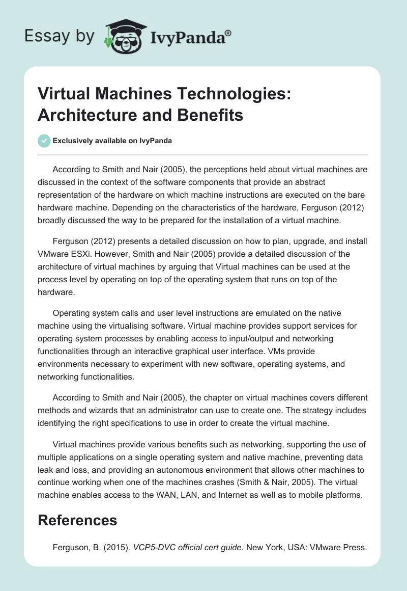 Virtual Machines Technologies: Architecture and Benefits. Page 1