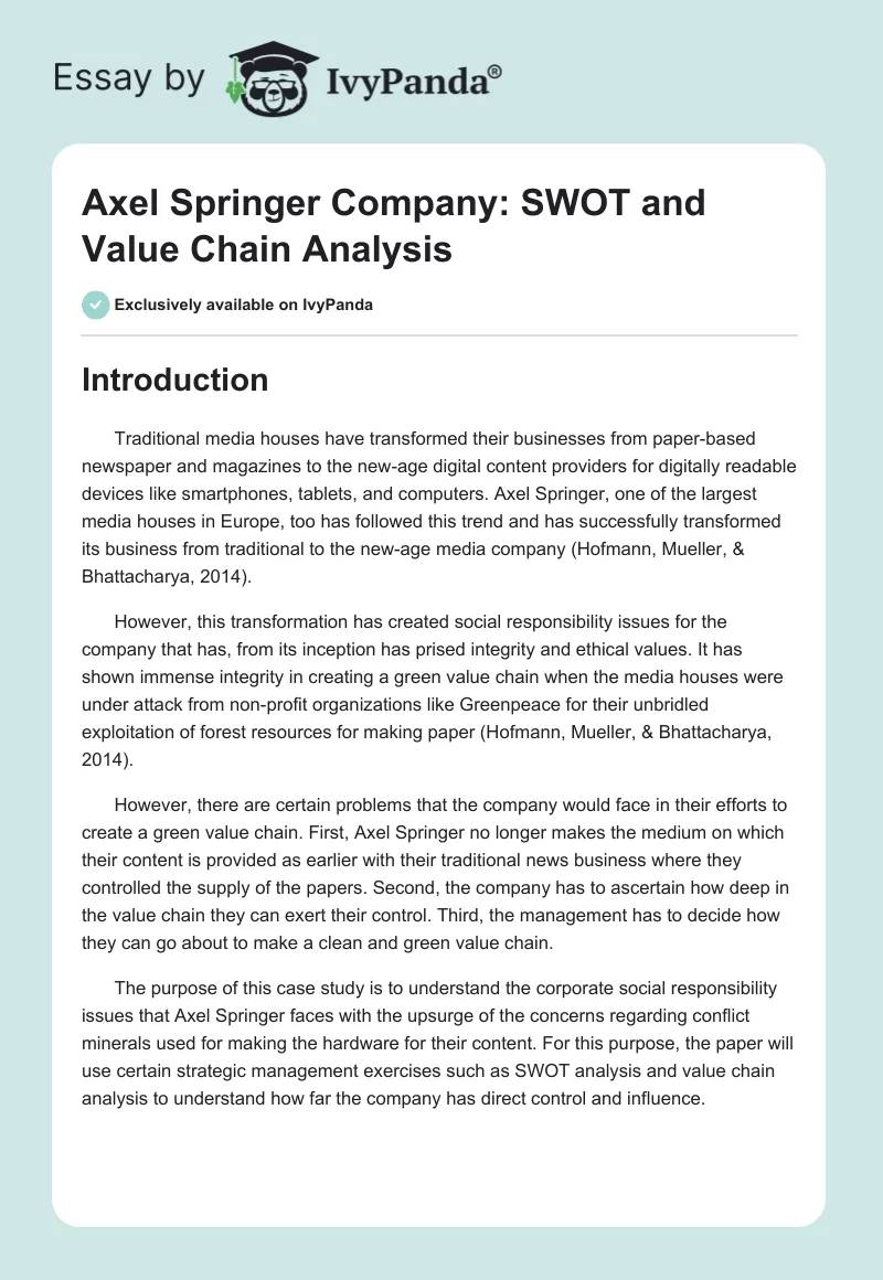 Axel Springer Company: SWOT and Value Chain Analysis. Page 1