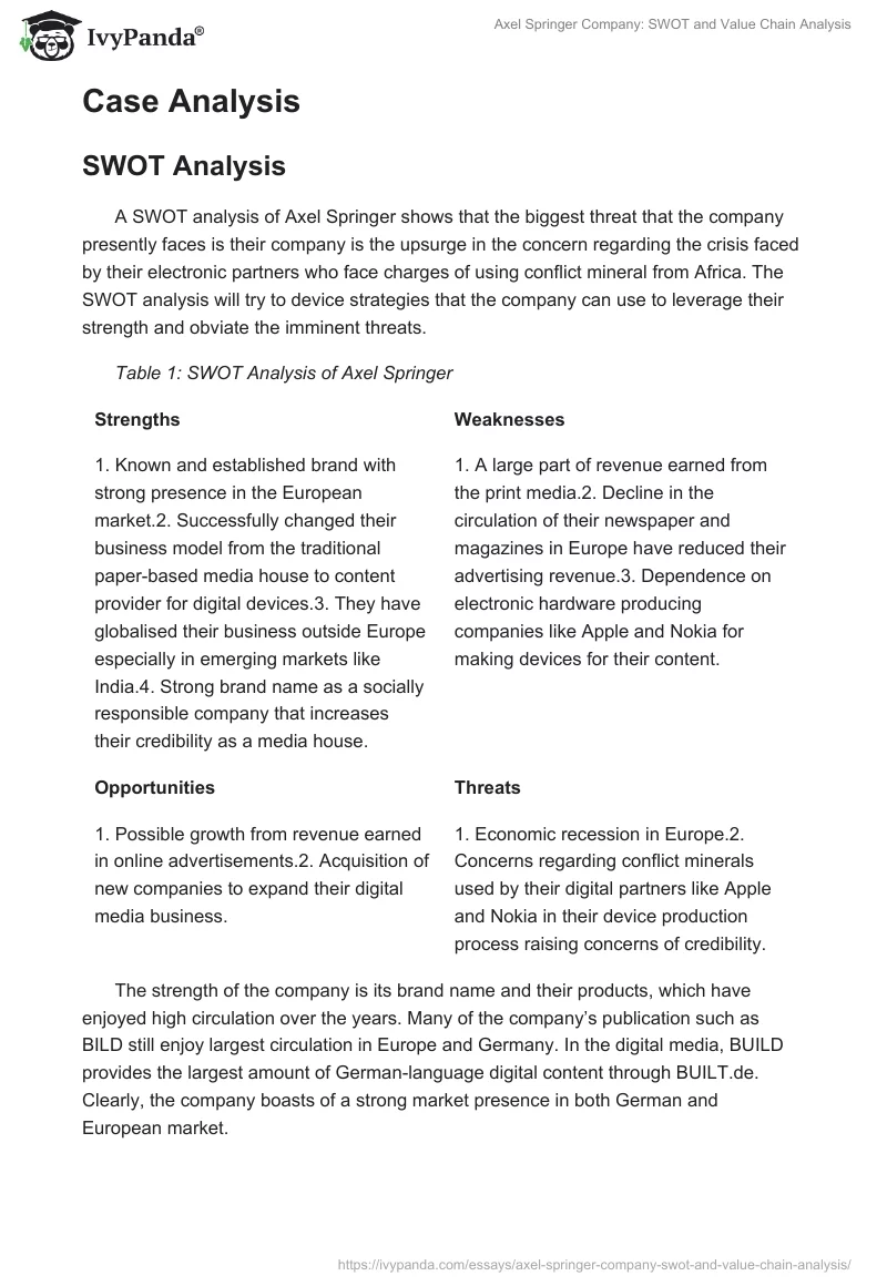 Axel Springer Company: SWOT and Value Chain Analysis. Page 2
