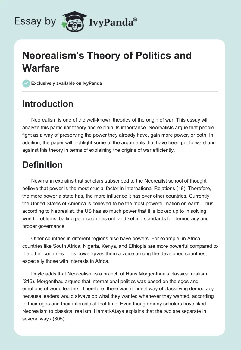 Neorealism's Theory of Politics and Warfare. Page 1