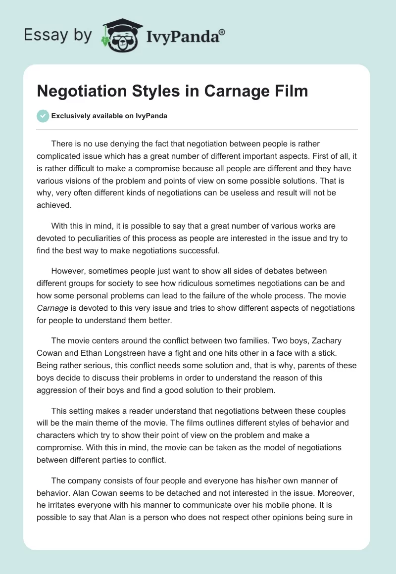 Negotiation Styles in "Carnage" Film. Page 1