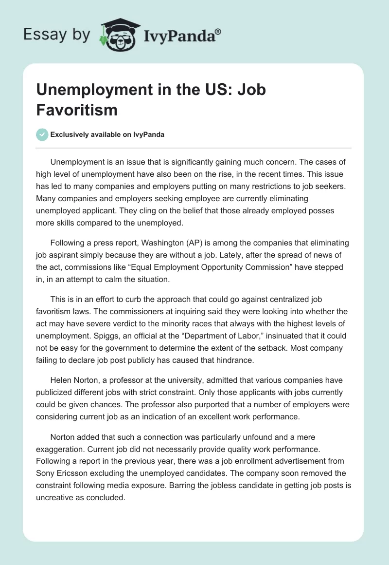 Unemployment in the US: Job Favoritism. Page 1