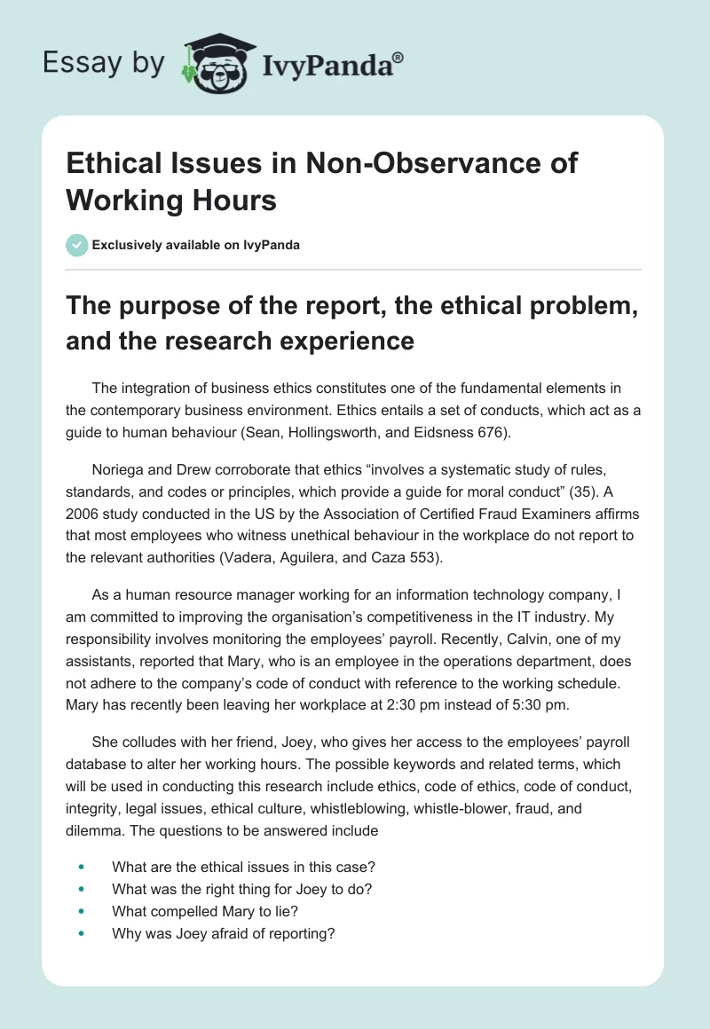 Ethical Issues in Non-Observance of Working Hours. Page 1