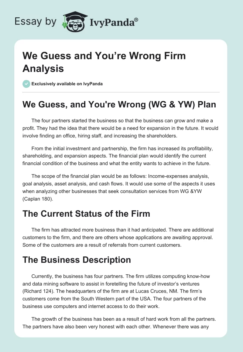 "We Guess and You’re Wrong" Firm Analysis. Page 1