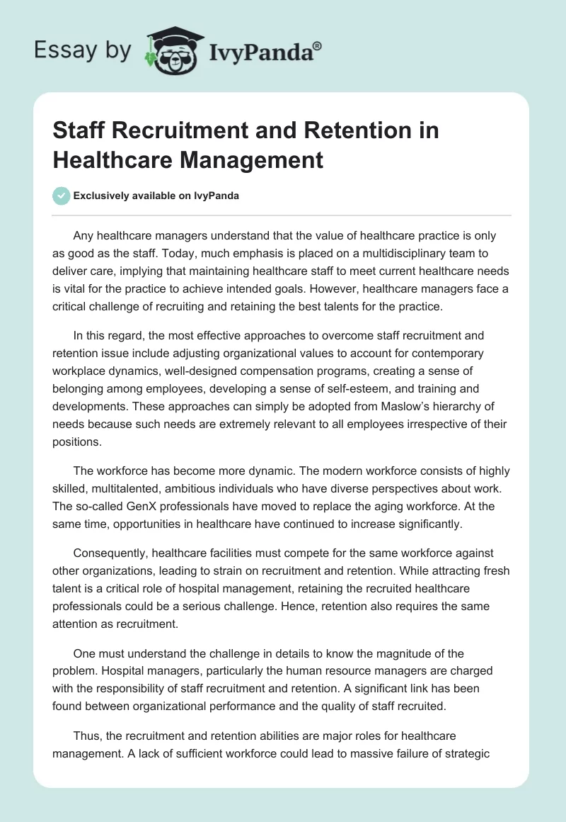 Staff Recruitment and Retention in Healthcare Management. Page 1