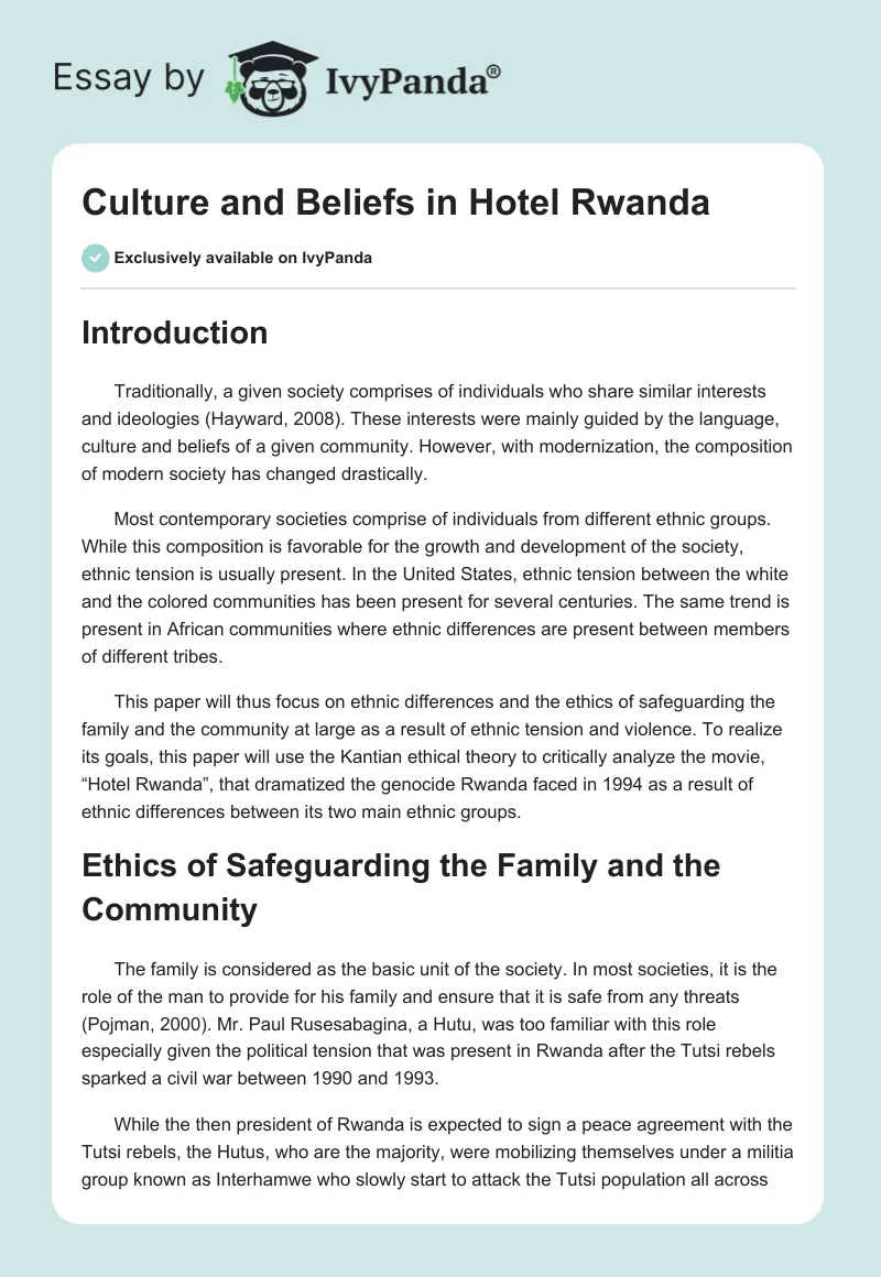 Culture and Beliefs in "Hotel Rwanda". Page 1