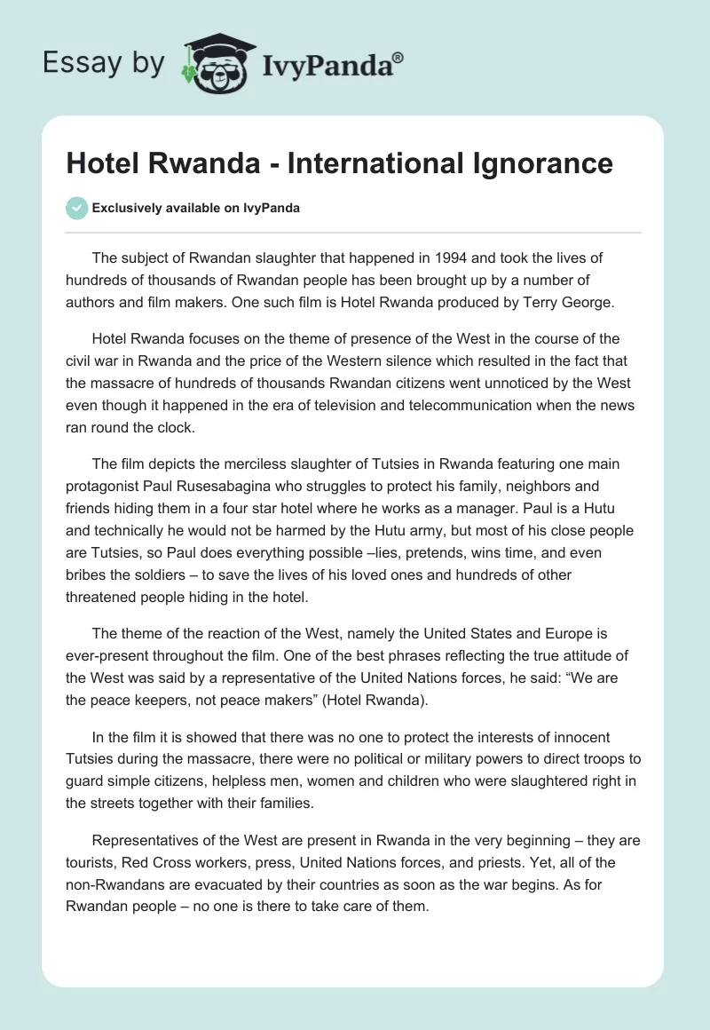 "Hotel Rwanda" - International Ignorance. Page 1