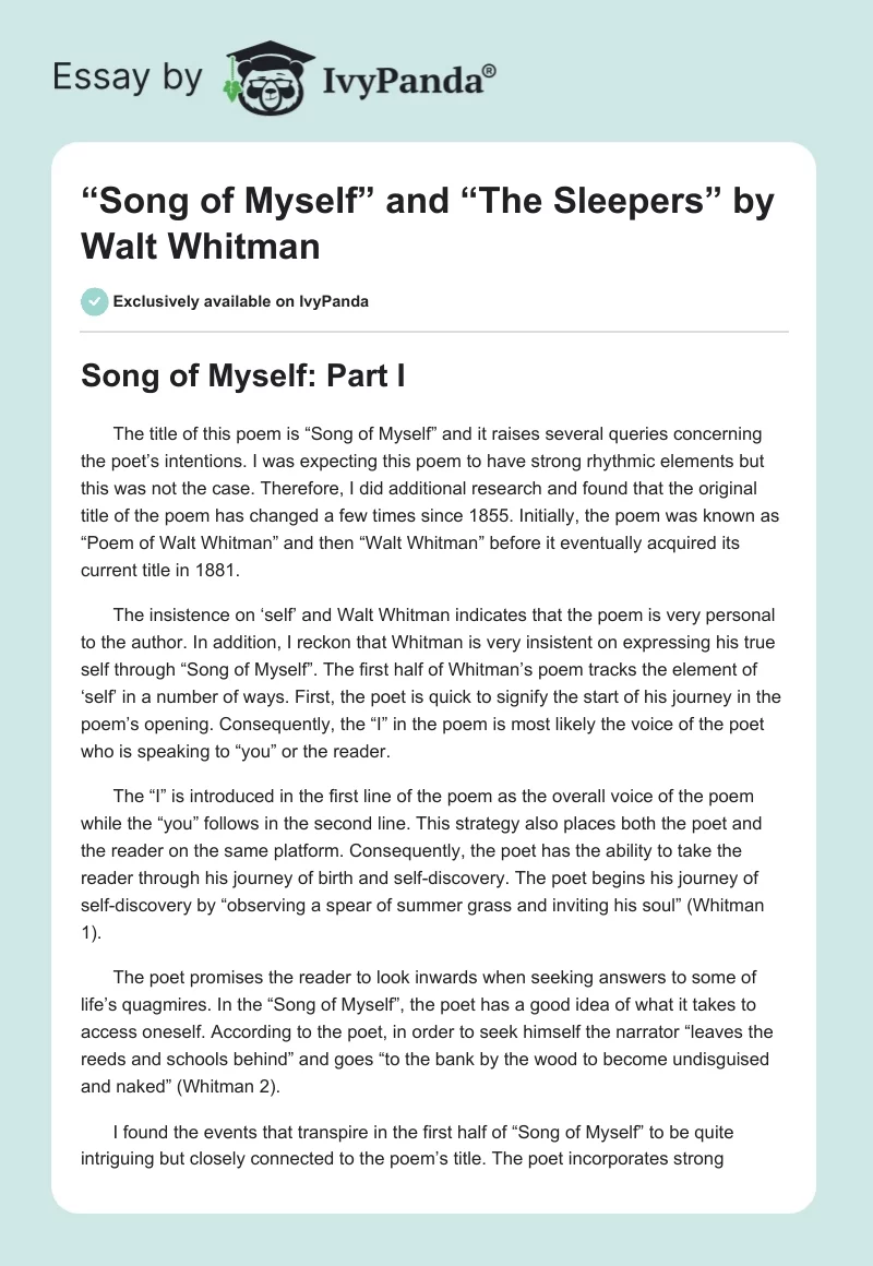 “Song of Myself” and “The Sleepers” by Walt Whitman. Page 1