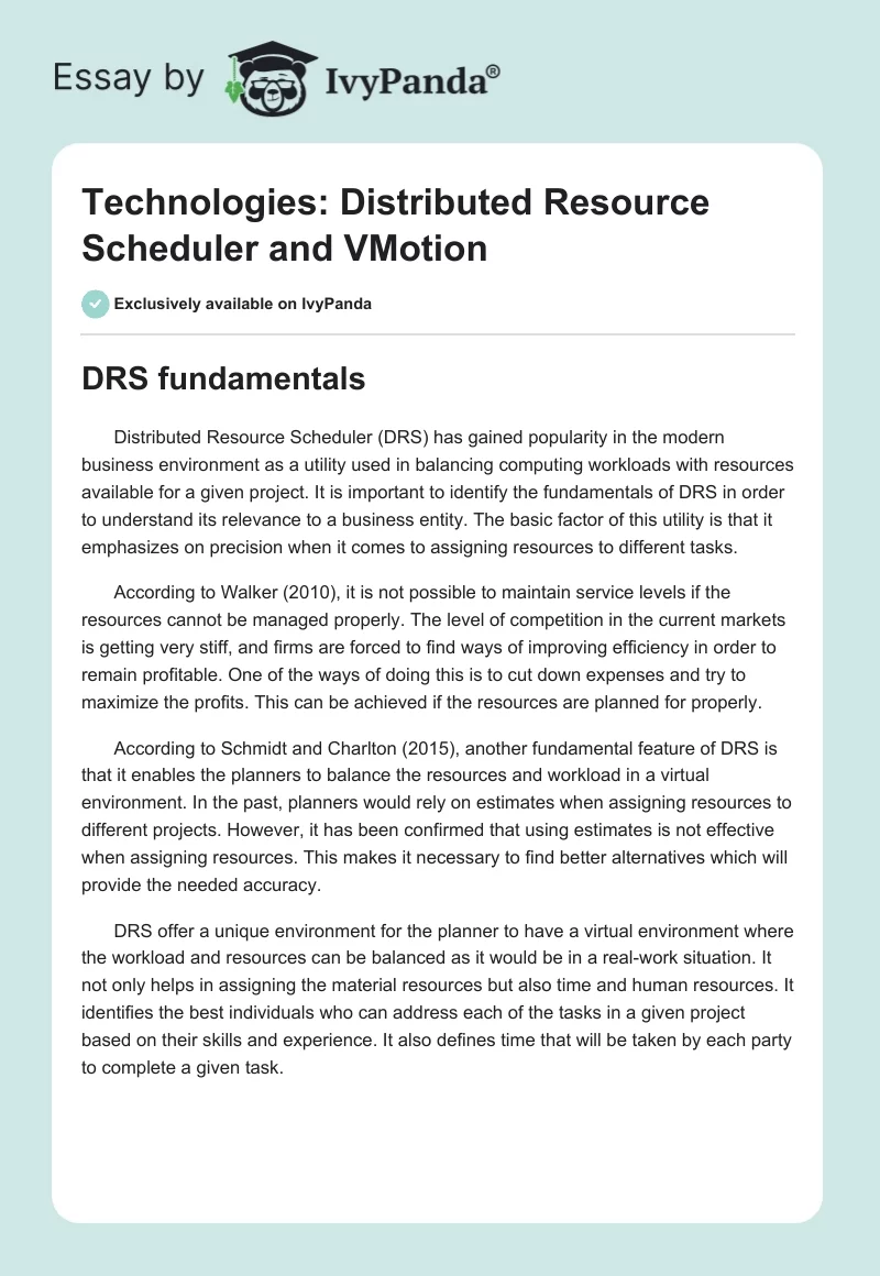 Technologies: Distributed Resource Scheduler and VMotion. Page 1