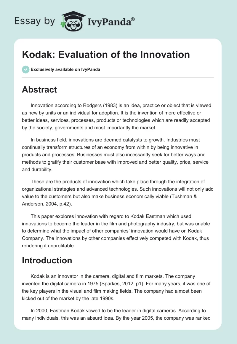 Kodak: Evaluation of the Innovation. Page 1