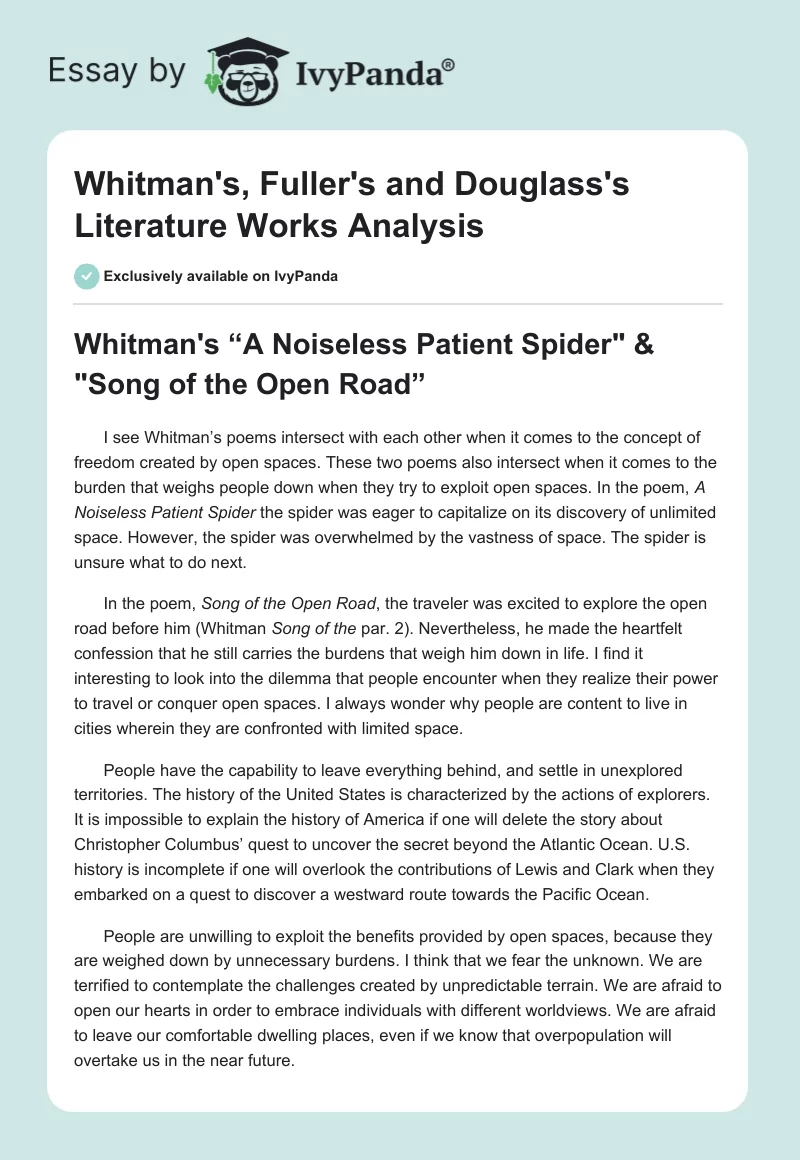 Whitman's, Fuller's and Douglass's Literature Works Analysis. Page 1