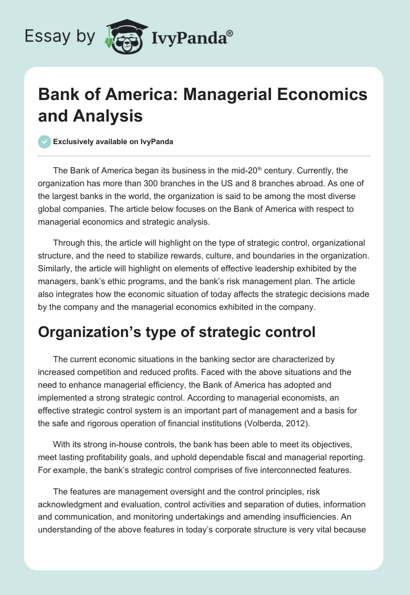 Bank of America: Managerial Economics and Analysis. Page 1